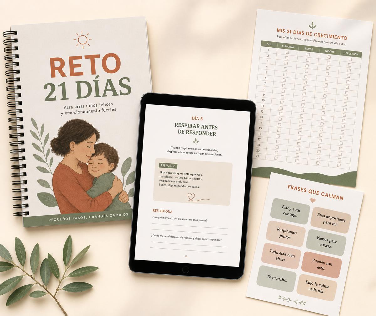 Mockup de la guía de 21 días con la hoja de ejercicios, la tabla de seguimiento y las frases para momentos de tensión